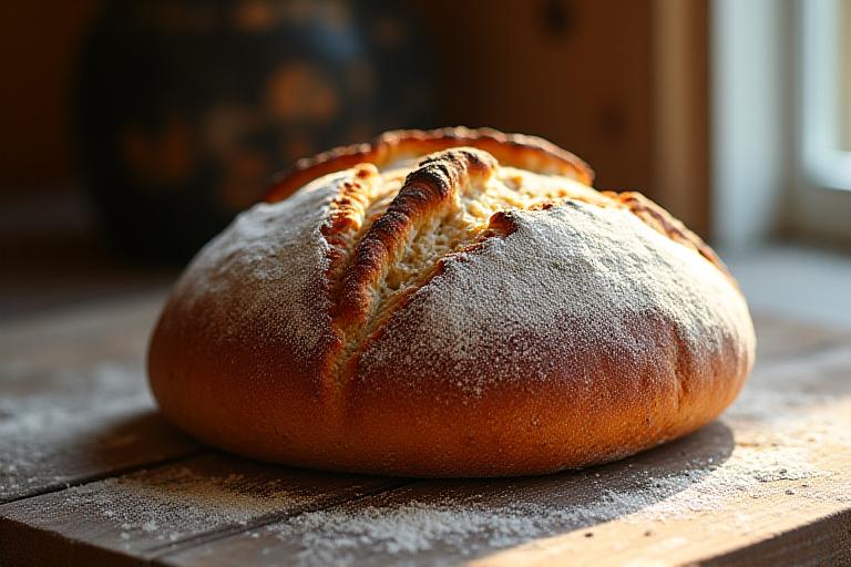 Nybagt surdejsbrød med sprød skorpe