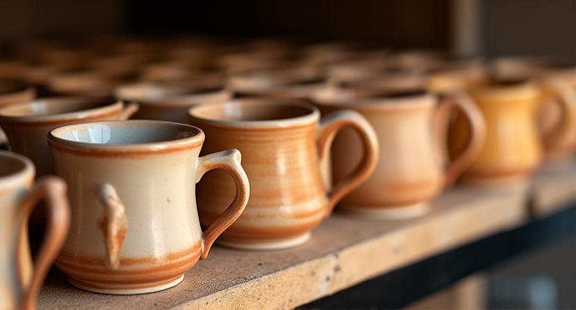 Række af nymalede kopper klar til ovnen i varme jordfarver