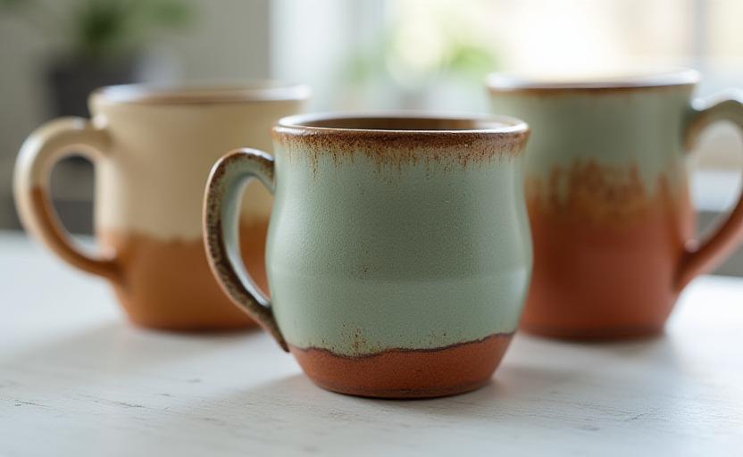 Nærbillede af færdige teksturerede keramikkopper på en rustik hylde
