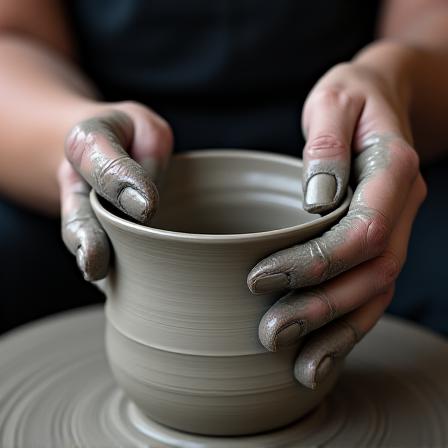 Hænder der former vådt ler på en drejeskive