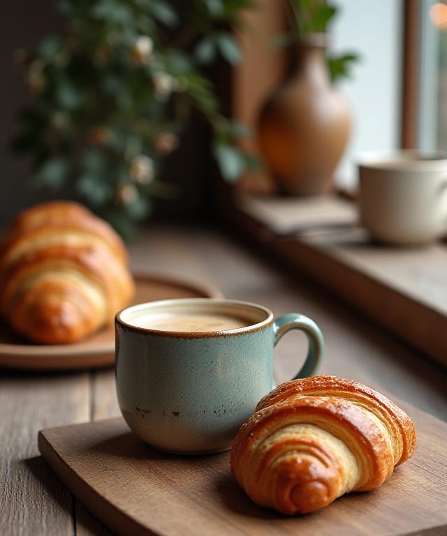 En hyggelig scene med frisk kaffe i et håndlavet krus og en sprød croissant