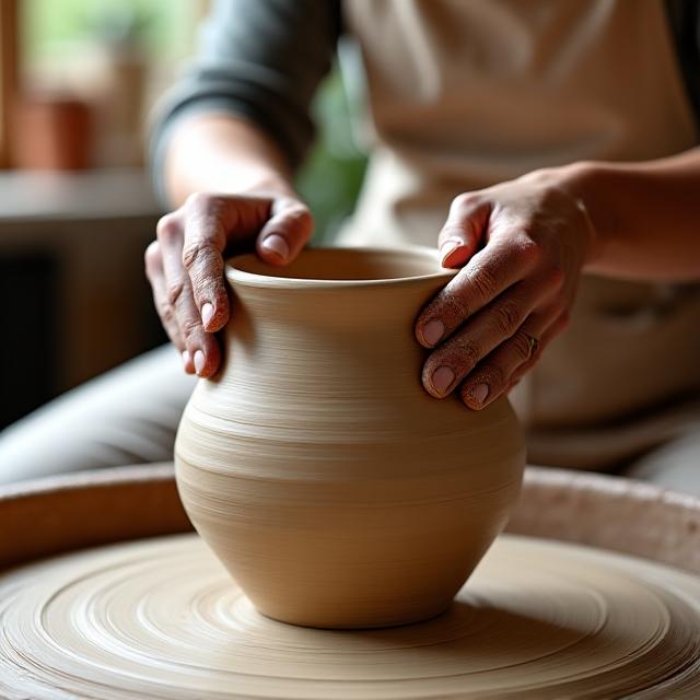 Keramiker arbejder ved drejeskiven i et hyggeligt værksted