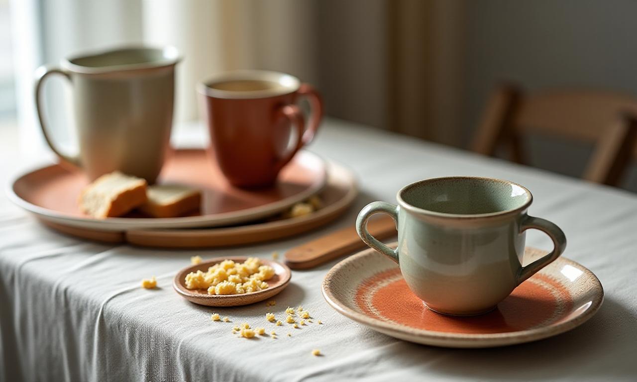 Nærbillede af håndlavede keramikkrus og tallerkener på et rustikt træbord