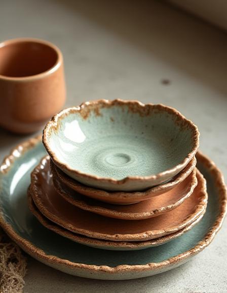 Stabel af rustikke tallerkener i forskellige glasurer