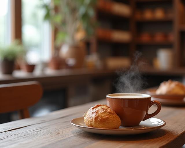 Interiør af Clay & Crumbs bageri med håndlavet keramik