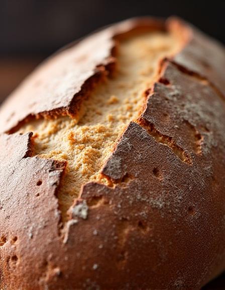 Nærbillede af sprød skorpe på et friskbagt surdejsbrød