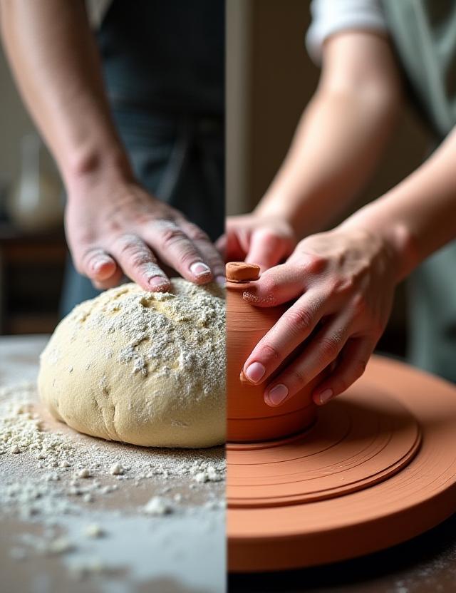 En bager der ælter surdej ved siden af en keramiker ved drejeskiven