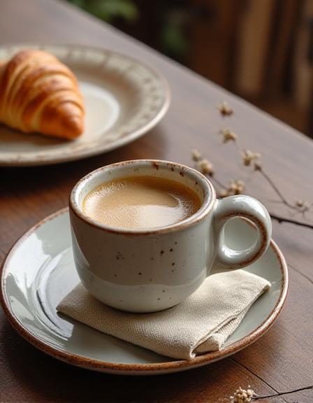 En hyggelig opstilling med kaffe i en håndlavet krus og et stykke kage