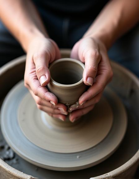 Hænder der former en lerkrukke på en drejeskive