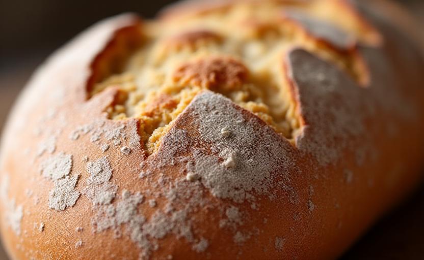 Nærbillede af en gylden, sprød surdejsbrødskorpe