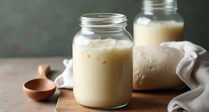 En glaskrukke med boblende surdejstarter ved siden af træredskaber